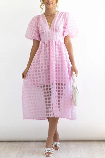 LD | Opmerkelijke Schoonheid Vierkante Gedessineerde Stof Puff Mouwen Party Midi Dress