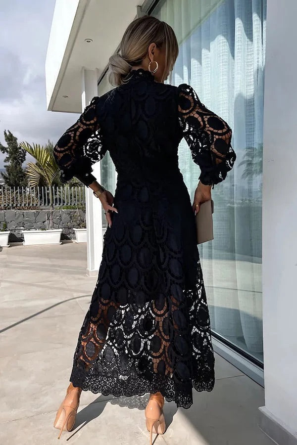 LD sensuele en elegante midi-jurk met gehaakte kanten lantaarnmouwen