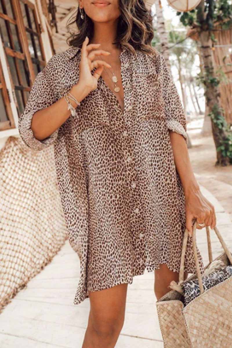 LD | Florcoo luipaardprint overhemd mini jurk met lange mouwen