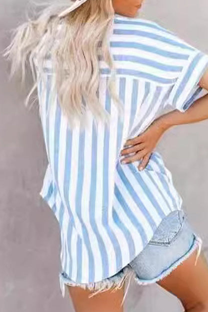 LD | Angela - Casual gestreepte patchwork top met omgeslagen kraag