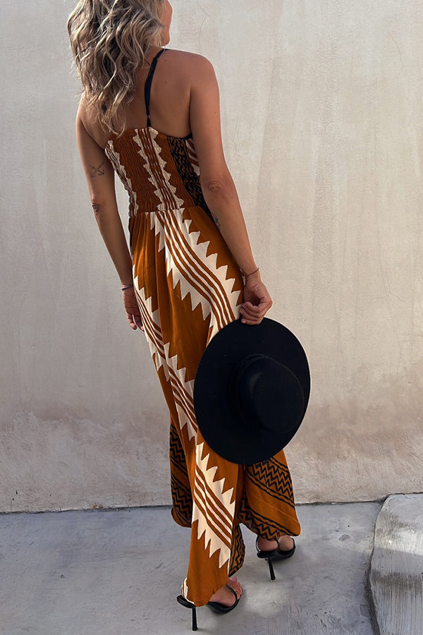 LD | Always Falling Satin Midi Dress met etnische print en gesmokte rug