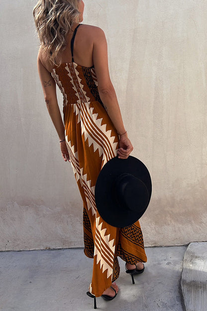 LD | Always Falling Satin Midi Dress met etnische print en gesmokte rug
