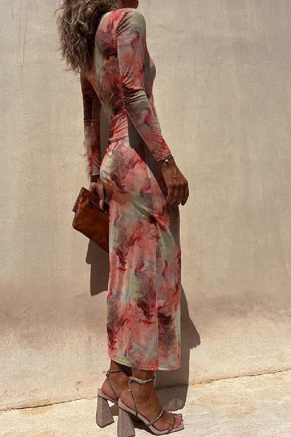 LD | Charm Lady Mesh Overlay Tie Dye Print Lange Mouwen Gerimpelde Stretch Midi Dress