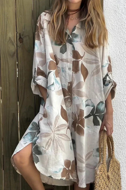 LD | Botanische print Losse midi-jurk met lange mouwen en één rij knopen