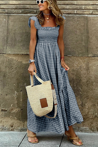 LD | Singing Solo Multi Plaid Maxi Dress met gesmokte bovenkant
