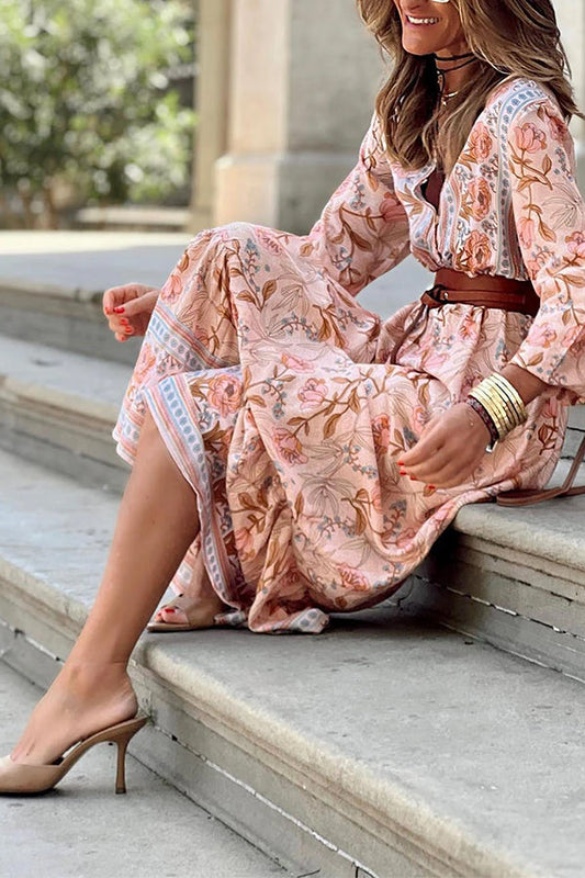 LD | Roze Sexy Bohemian Bloemen V-Hals Ruffle Maxi Dress