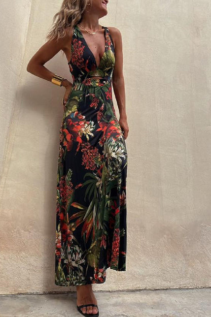 LD | RAINFOREST PARADISE TROPISCHE PRINT RUG CROSSOVER STRETCH MAXI JURK
