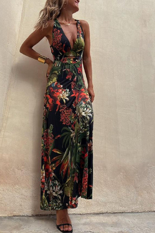 LD | RAINFOREST PARADISE TROPISCHE PRINT RUG CROSSOVER STRETCH MAXI JURK