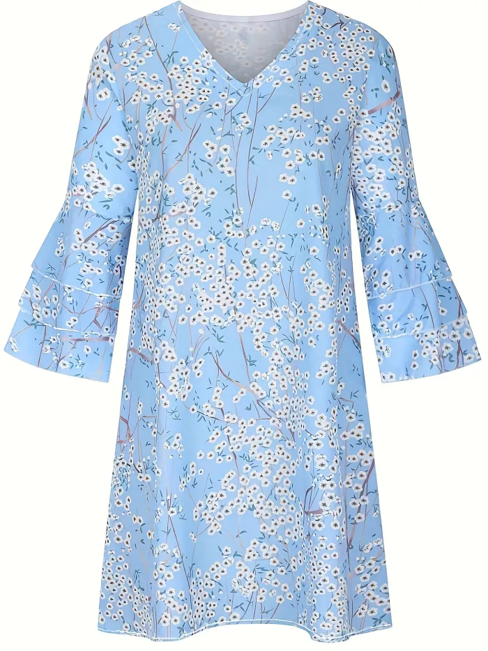 LD | Gianna - Jurk met Bloemenprint en Ruches, Casual Jurk met Halflange Mouwen en V-Hals, Dameskleding