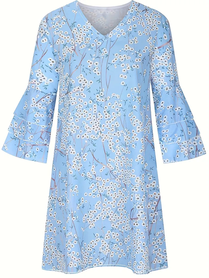 LD | Gianna - Jurk met Bloemenprint en Ruches, Casual Jurk met Halflange Mouwen en V-Hals, Dameskleding