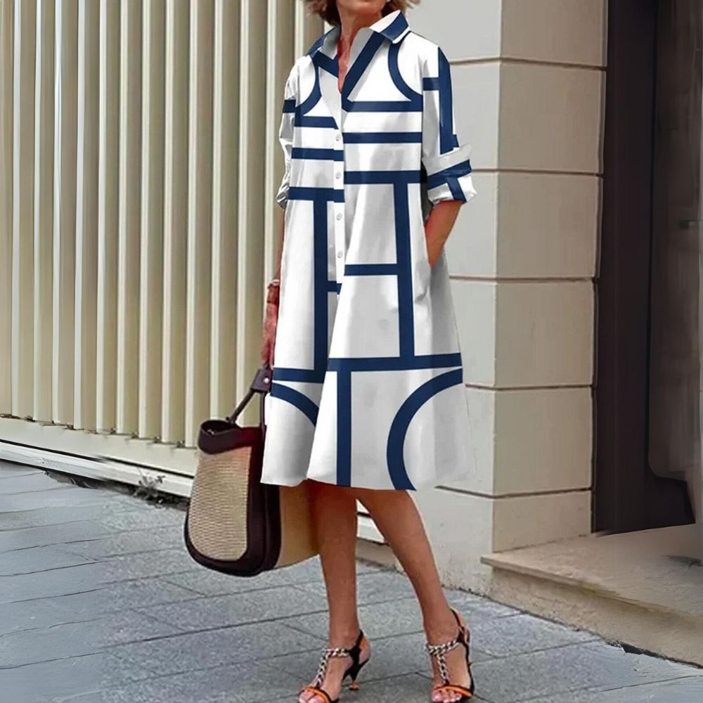 LD | Trendy midi-jurk met gestreepte print en kraag