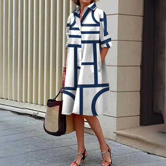 LD | Trendy midi-jurk met gestreepte print en kraag