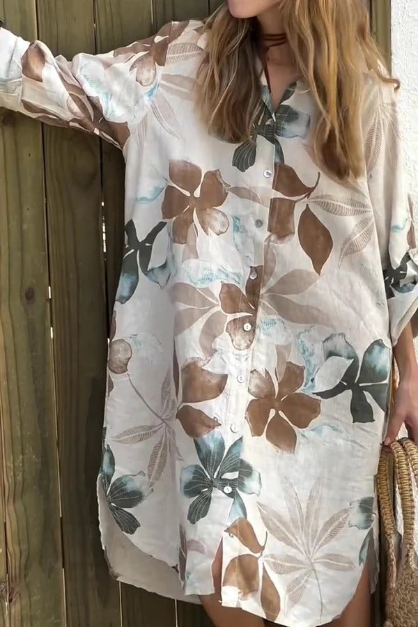 LD | Botanische print Losse midi-jurk met lange mouwen en één rij knopen