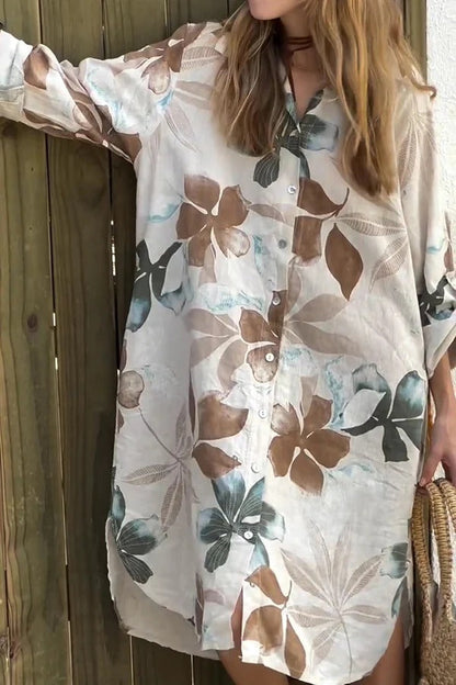 LD | Botanische print Losse midi-jurk met lange mouwen en één rij knopen