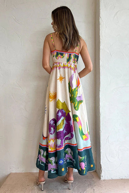 LD | Feel Moeiteloos Linnenmix Unieke Print Midi Dress met Gesmokte Rug