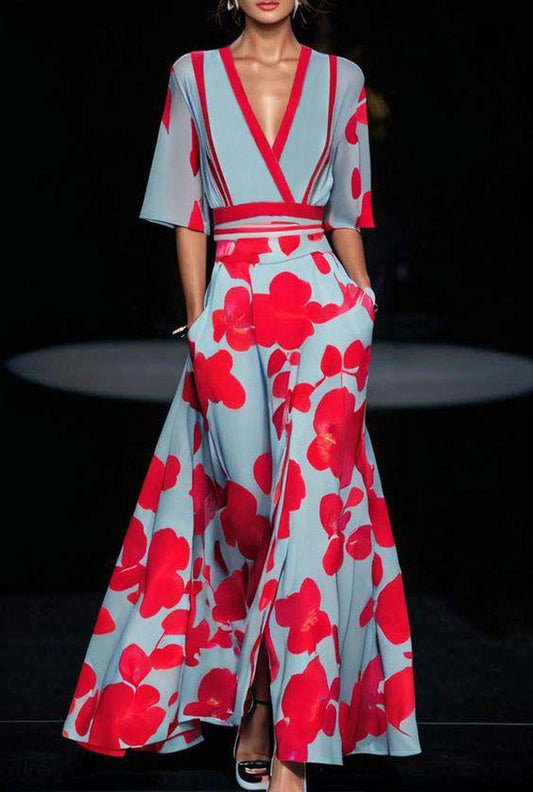 LD | Blauwe maxi jurk met bloemenpatroon en V-hals voor dames