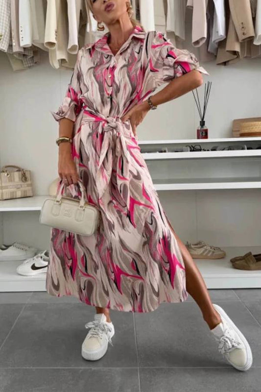 LD | Elegant Ease Satijnen Bedrukte Midi Jurk met Taille