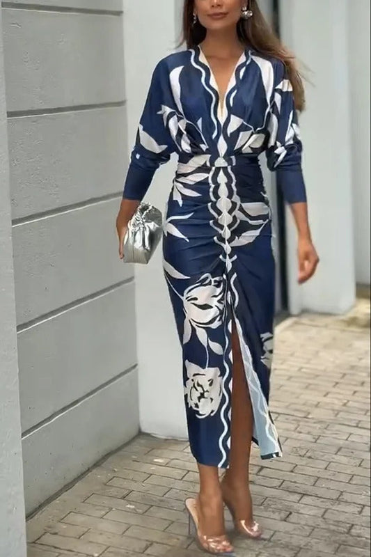 LD Caliana Unieke print Dolman Lange Mouwen Met Ruches Split Midi Dress