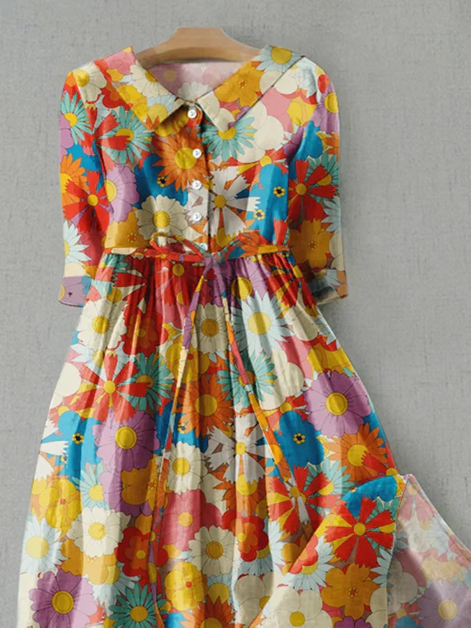 LD | Literaire casual jurk met bloemenprint en losse stropdas