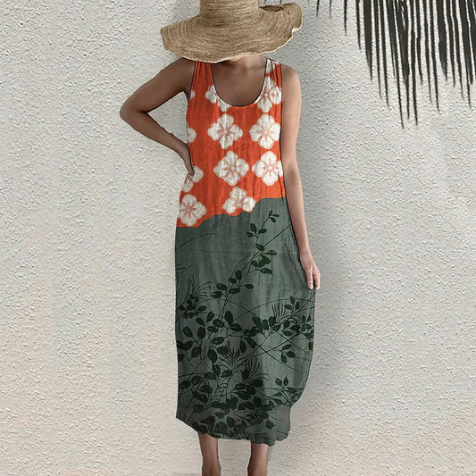 LD | Casual mouwloze midi-jurk met Japanse kunst bloemenprint