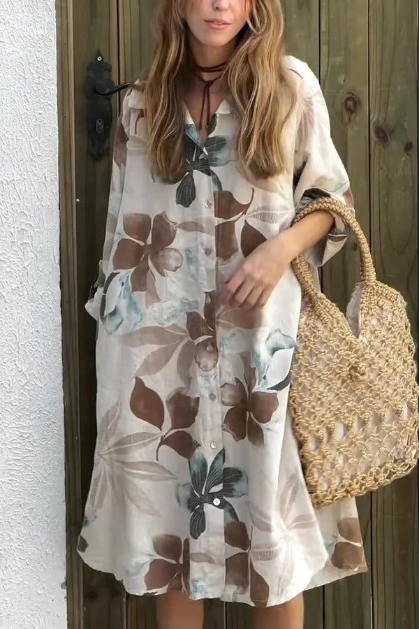 LD | Botanische print Losse midi-jurk met lange mouwen en één rij knopen