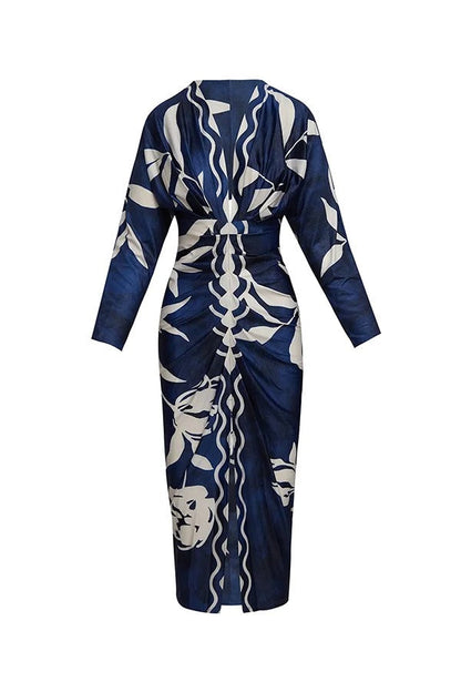 LD Caliana Unieke print Dolman Lange Mouwen Met Ruches Split Midi Dress
