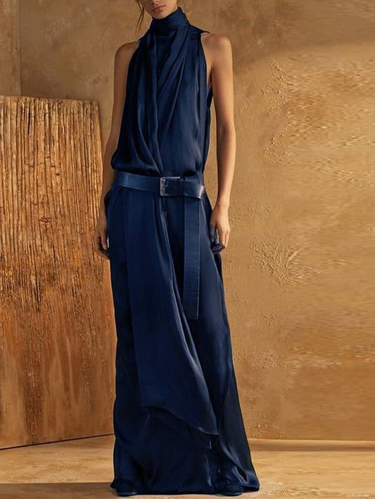 LD | Maxi Tank Dress voor dames - Hoge halslijn - Mouwloos - Tailleband - Vloeiende pasvorm - Ademende mix