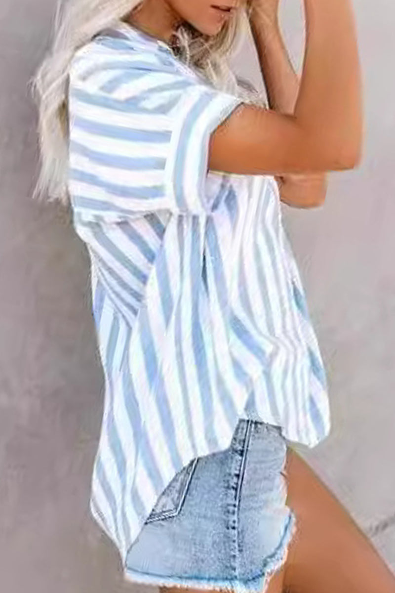 LD | Angela - Casual gestreepte patchwork top met omgeslagen kraag