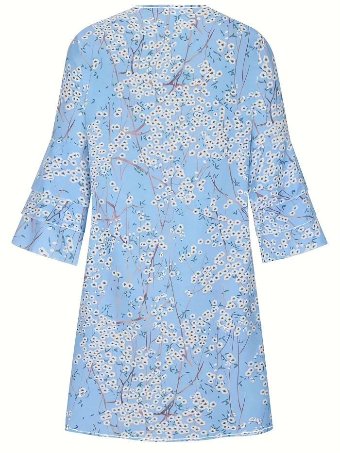 LD | Gianna - Jurk met Bloemenprint en Ruches, Casual Jurk met Halflange Mouwen en V-Hals, Dameskleding