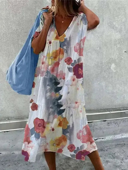 LD | Boho strandjurk voor vrouwen Zomerjurk met V-hals en korte mouwen met bloemenpatroon