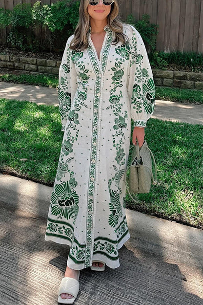 LD | Unieke Print Button Down Lange Mouw Shirt Maxi Dress