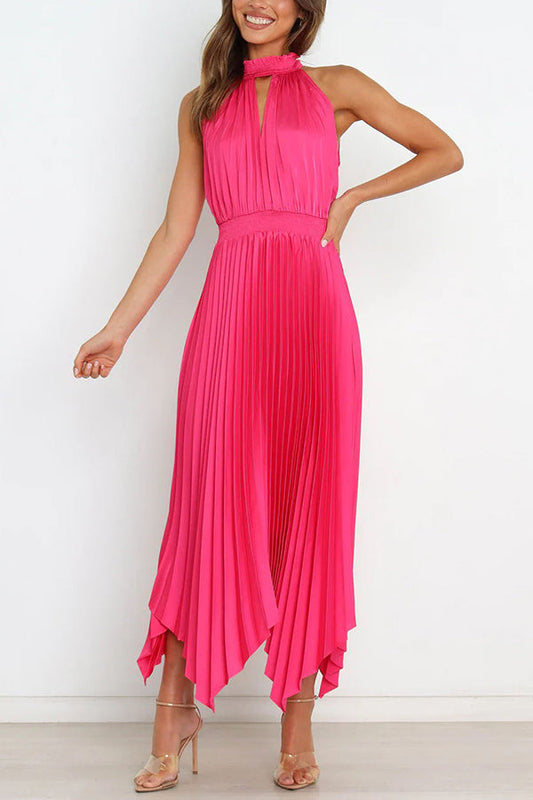 LD | Luxe Look Satijn Geplooide Halter Elastische Taille Midi Dress