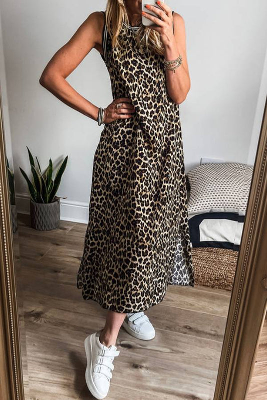 LD | Zwart contrast gestreept luipaardprint mouwloze midi jurk