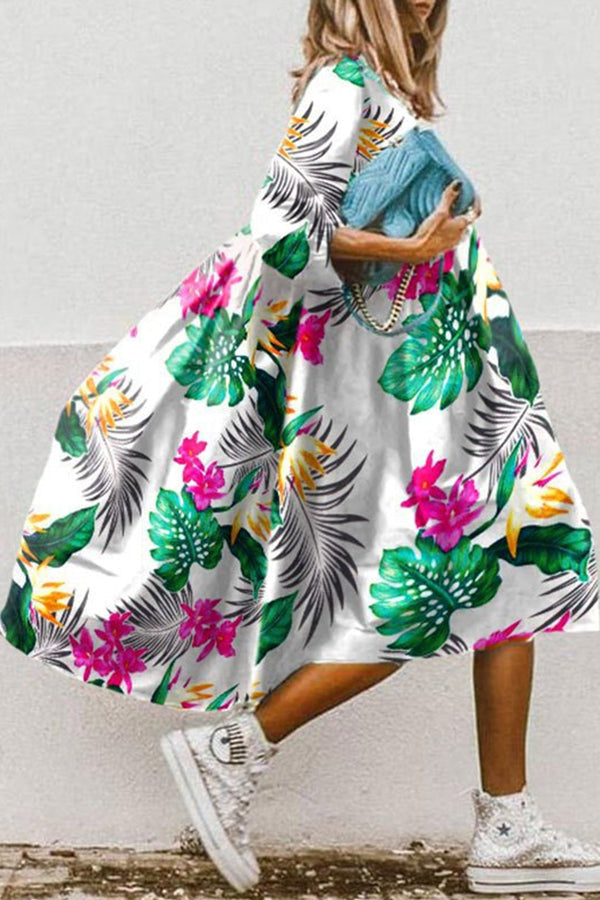 LD | Vintage bloemenprint hoge lage zoom A-lijn midi jurk