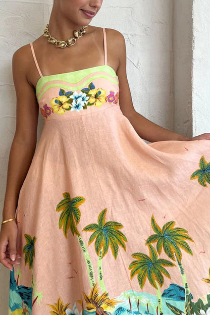 LD | Coconut Scenery Linnenmix Tropische Print Midi Dress met gesmokte rug