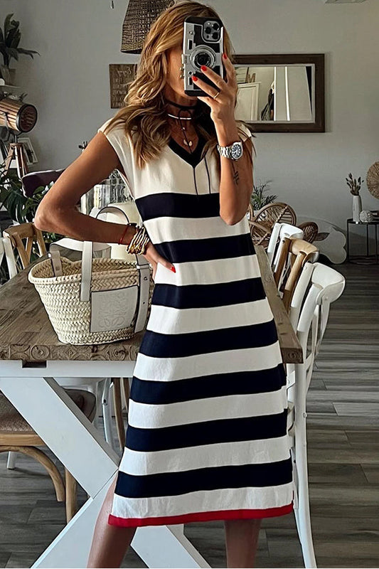 LD | Stripes Elegante midi-jurk met V-hals en lange mouwen