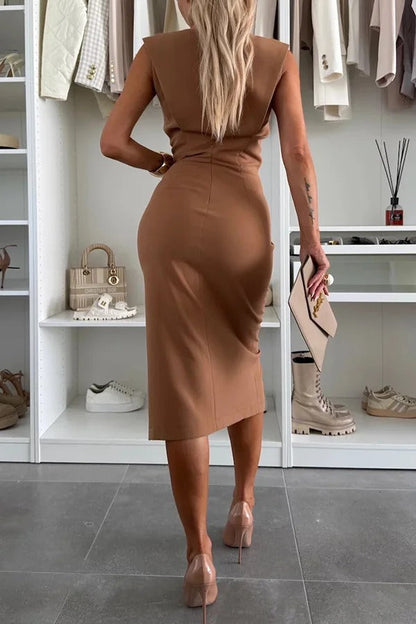 LD | Effen kleur Ronde hals Mouwloos Slim-fit midi-jurk met split