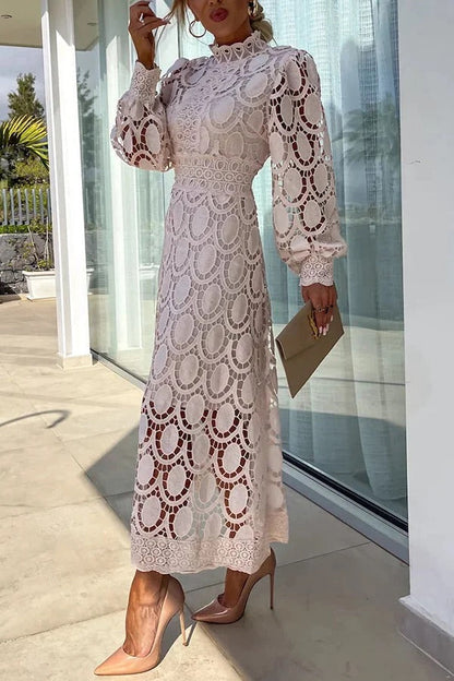 LD sensuele en elegante midi-jurk met gehaakte kanten lantaarnmouwen