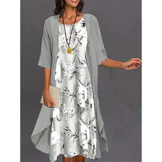 LD | midi-jurk met grijze print en dun jasje Tweedelige outfits