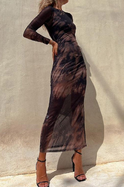 LD | Charm Lady Mesh Overlay Tie Dye Print Lange Mouwen Gerimpelde Stretch Midi Dress