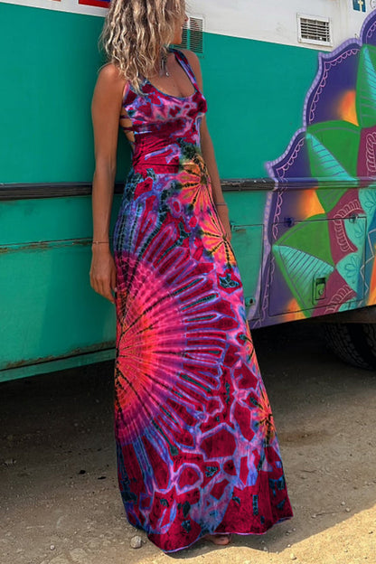 LD | La Bamba tie-dye print achter vetersluiting stretch maxi jurk
