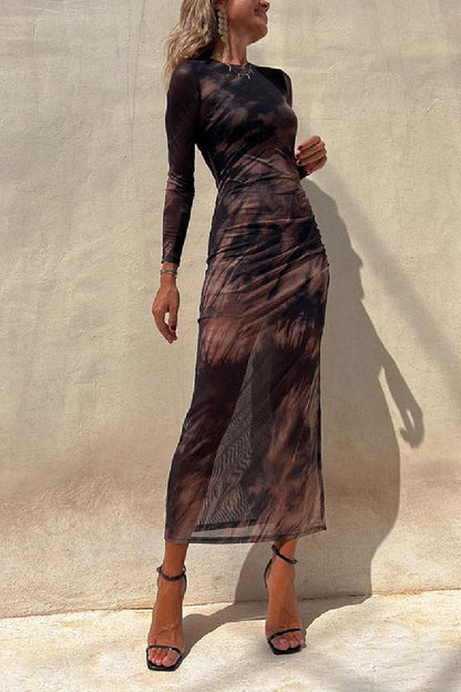 LD | Charm Lady Mesh Overlay Tie Dye Print Lange Mouwen Gerimpelde Stretch Midi Dress