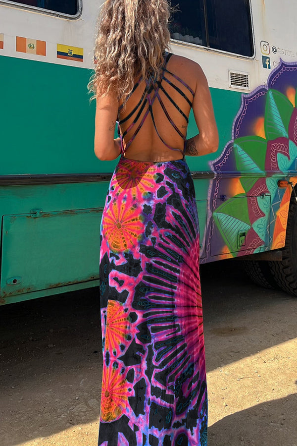 LD | La Bamba tie-dye print achter vetersluiting stretch maxi jurk