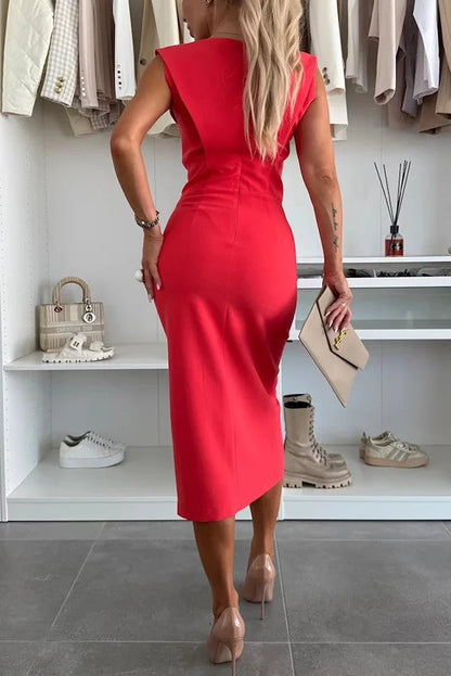 LD | Effen kleur Ronde hals Mouwloos Slim-fit midi-jurk met split