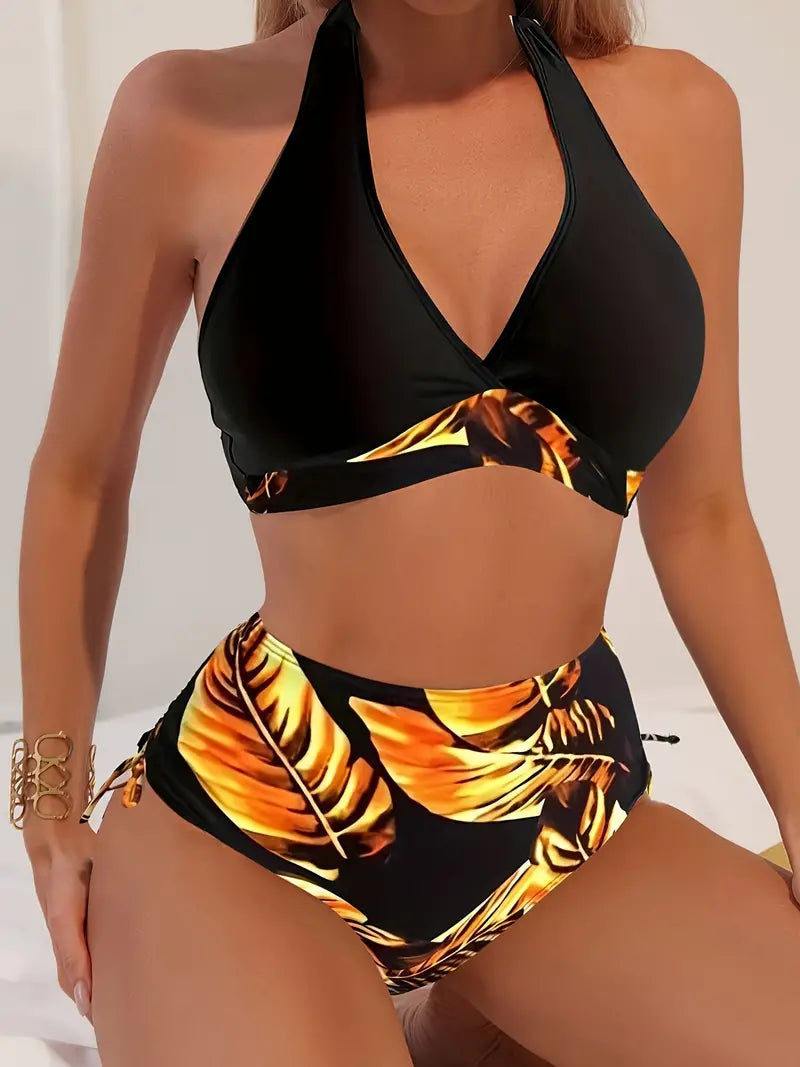 LD | Stijlvolle halterbikini met tropische bladprint