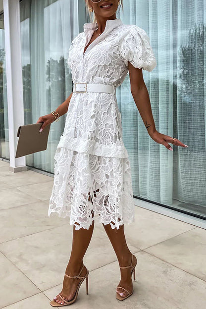 LD | Absoluut Elegant Bloemig Gehaakt Kant Pofmouw Riem Overhemd Midi Dress