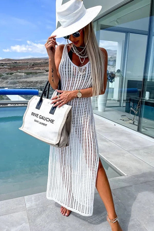 LD Deserted Island Crochet Knit Cross Back Cover Up Maxi Dress