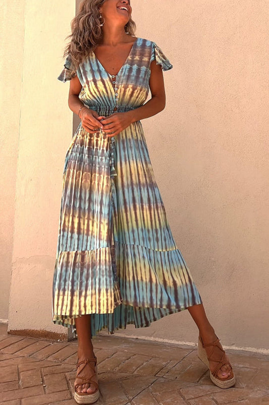 LD Lorina Tie-dye Print Button Smocked Waist Backless Midi Dress