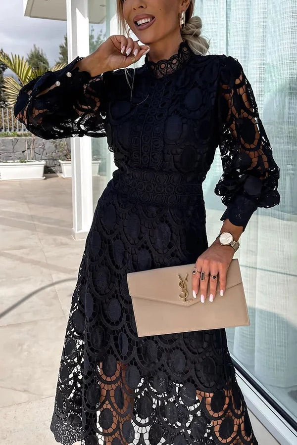 LD sensuele en elegante midi-jurk met gehaakte kanten lantaarnmouwen