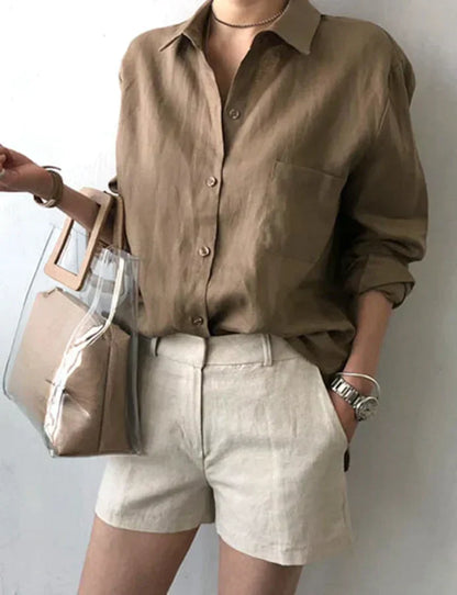 LD dames katoenen overhemd lente los effen overhemd kraag casual blouse